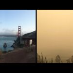 Golden Gate Bridge side by side comparison of wildfire smoke