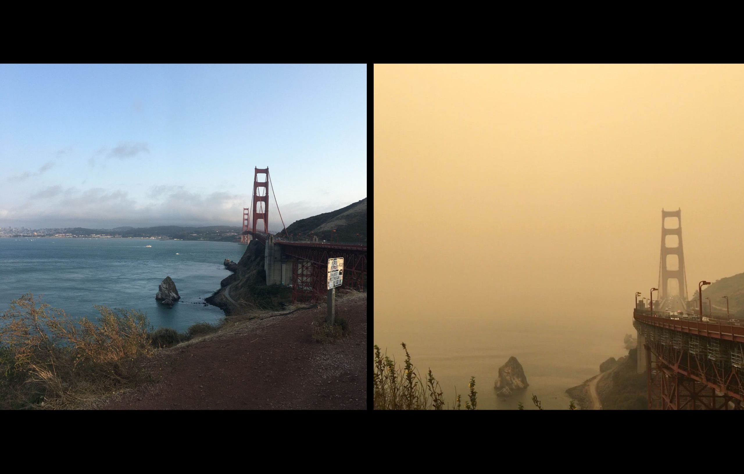 Golden Gate Bridge side by side comparison of wildfire smoke