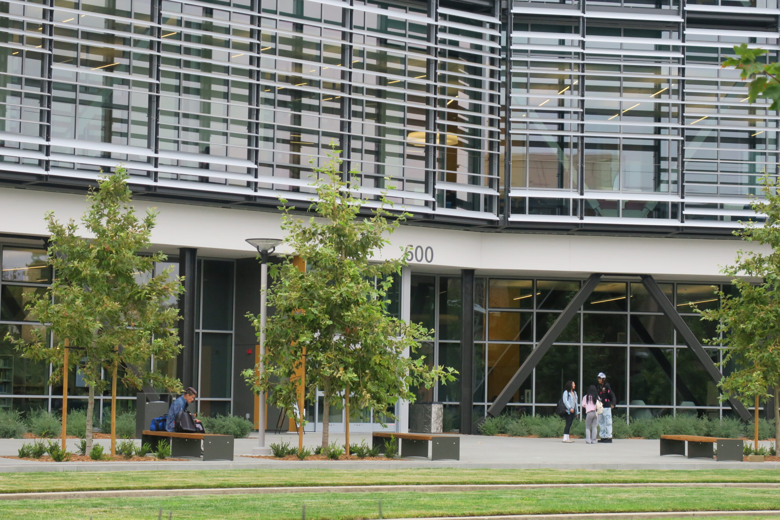 A group of students gathered outside of a library