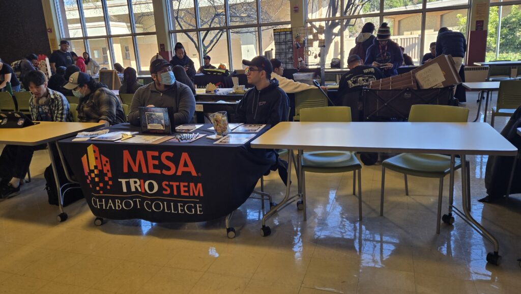 A table at an indoor event is covered with a black tablecloth displaying the text “MESA TRIO STEM CHABOT COLLEGE” along with a logo featuring abstract buildings. On the table, there are brochures, a clipboard with papers, a framed photo, a container of candy, and a set of pens. Two individuals are seated at the table, one wearing a face mask and a cap, while the other wears glasses and a hoodie. In the background, other attendees are engaged in conversations and activities, with additional tables, chairs, and large windows allowing natural light into the room. A cart filled with boxes is visible in the background.