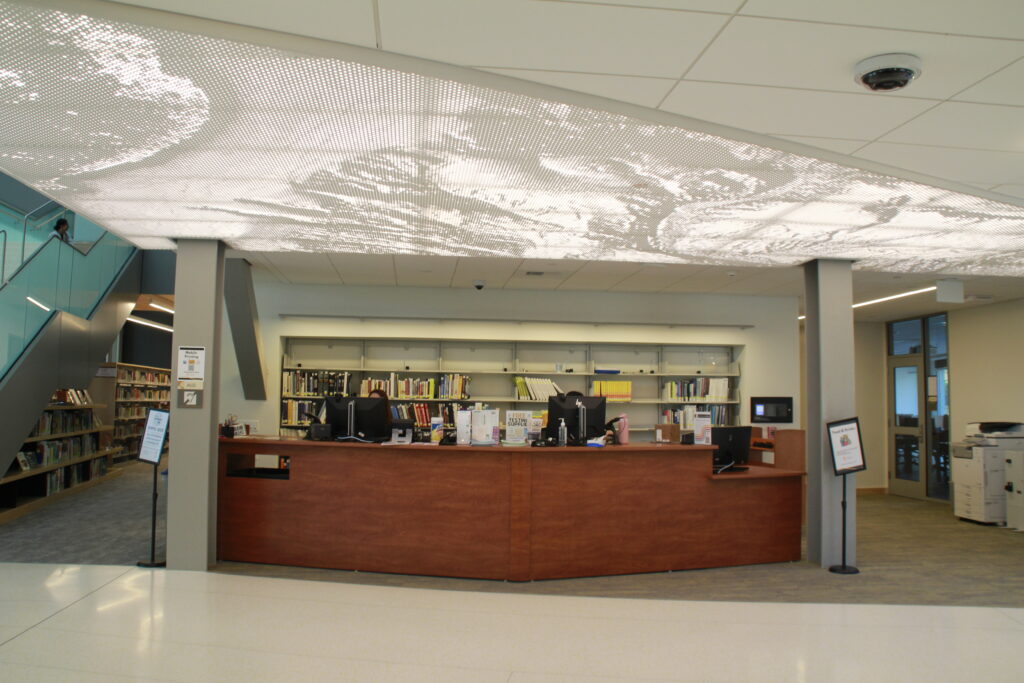 Image displays library checkout desk with two people sitting in front of desktops / Photographed by Michael Sykes