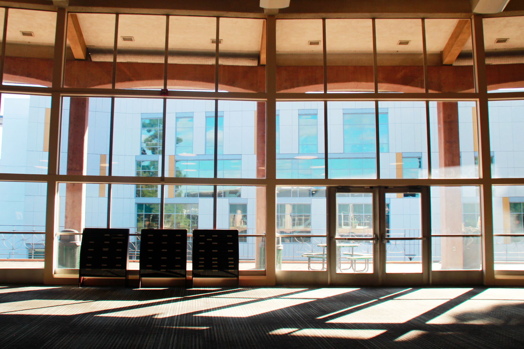 The photo shows the inside of a library with large glass windows, letting in sunlight and shadows. Another modern library building is visible outside, along with an outdoor seating area.